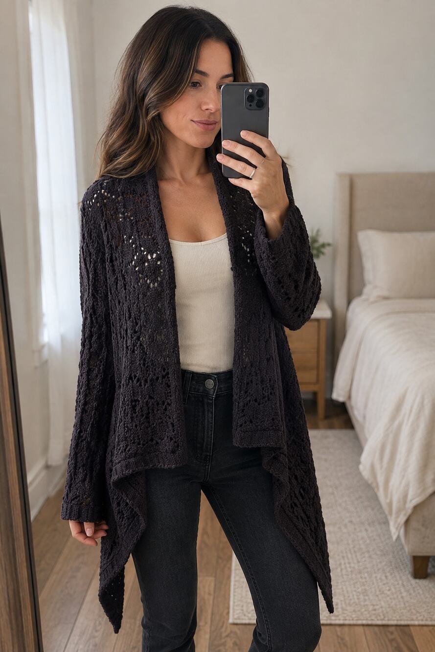 LOFT Open Front Crochet Knit Cardigan Womens M Charcoal Duster Cotton